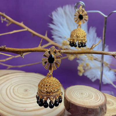 Golden and Black Zircon Jhumka Earrings