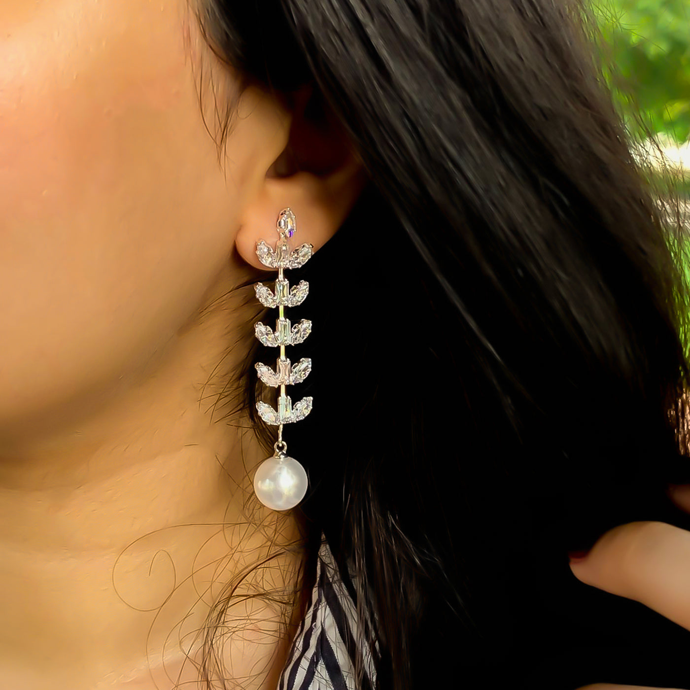 Brilliant Silver-Toned Leaf and Pearl Drop Earrings