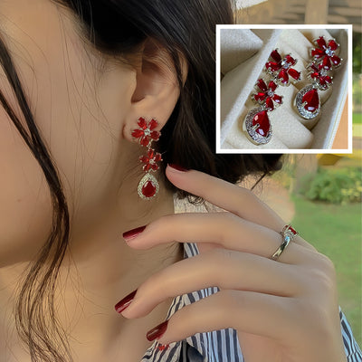 Fiery Ruby Red Floral and Teardrop Jewelry Set