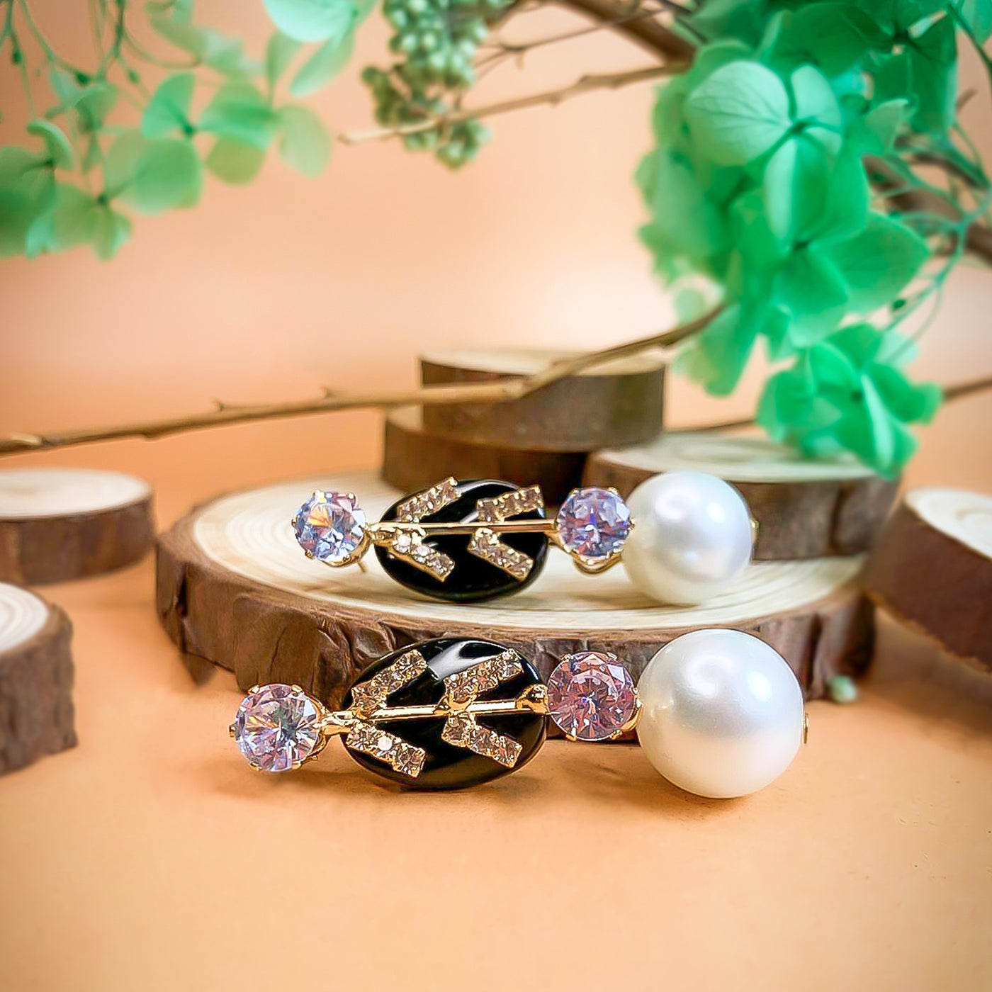 Golden Statement Earrings with Black Onyx and Faux Pearl