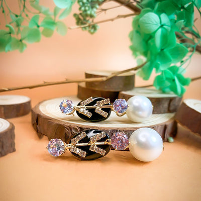 Golden Statement Earrings with Black Onyx and Faux Pearl