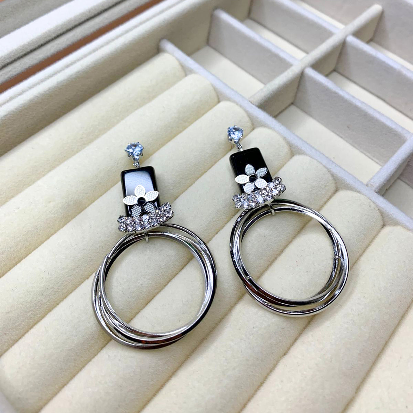 Modern Floral and Circle Dangle Earrings