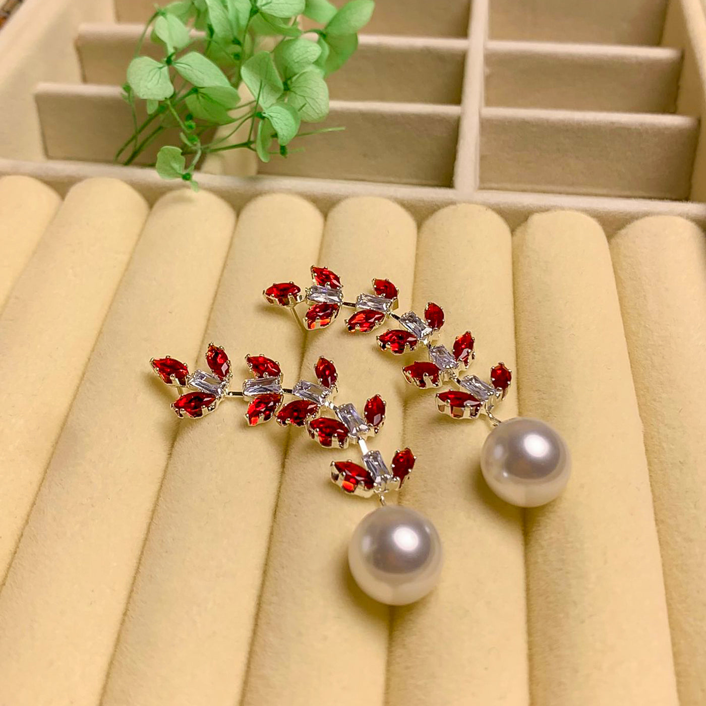 Elegant Red Zircon Leaf and Pearl Drop Earrings