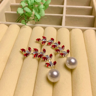 Elegant Red Zircon Leaf and Pearl Drop Earrings