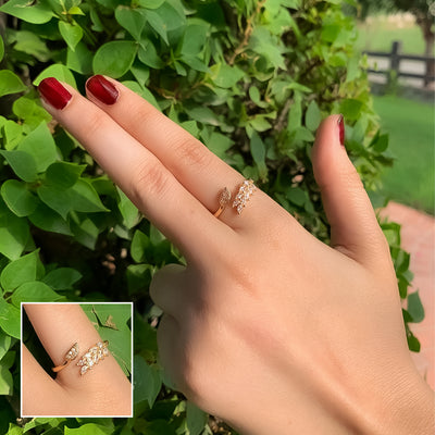 Golden Adjustable Leaf and Zircon Ring