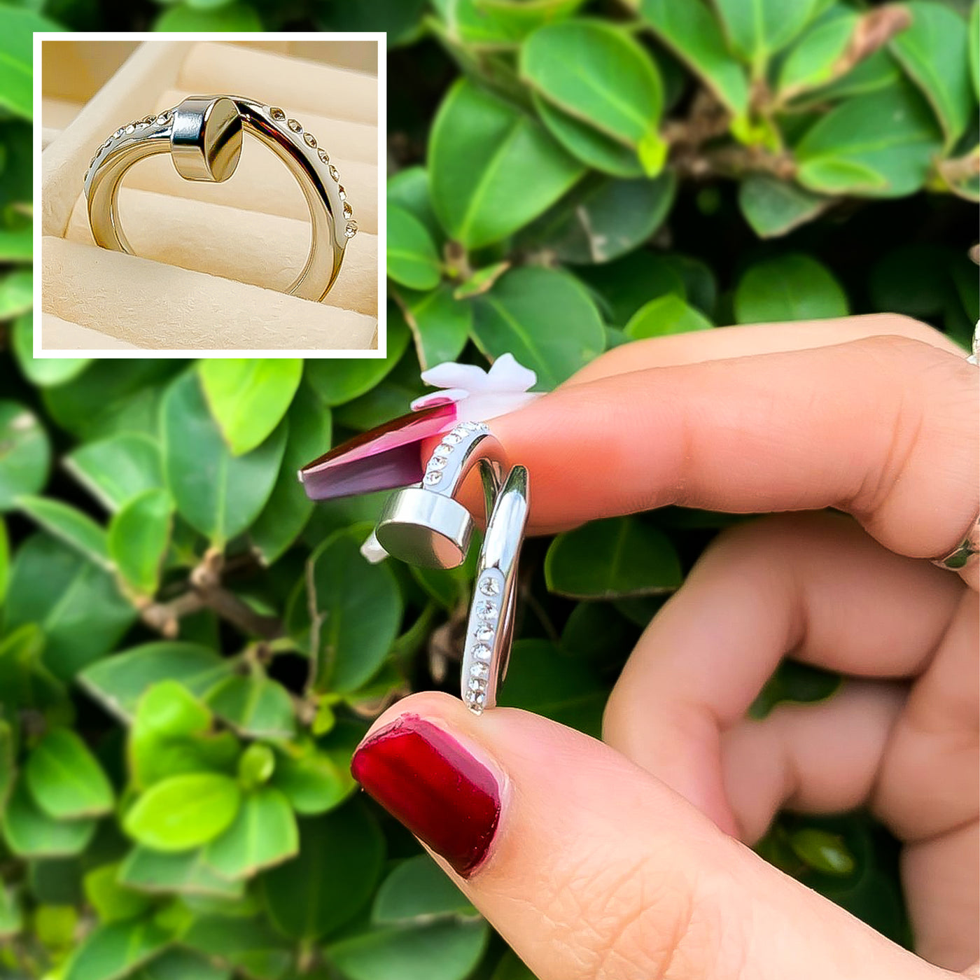 Silver-Toned Open Nail Ring with Zircon Accents