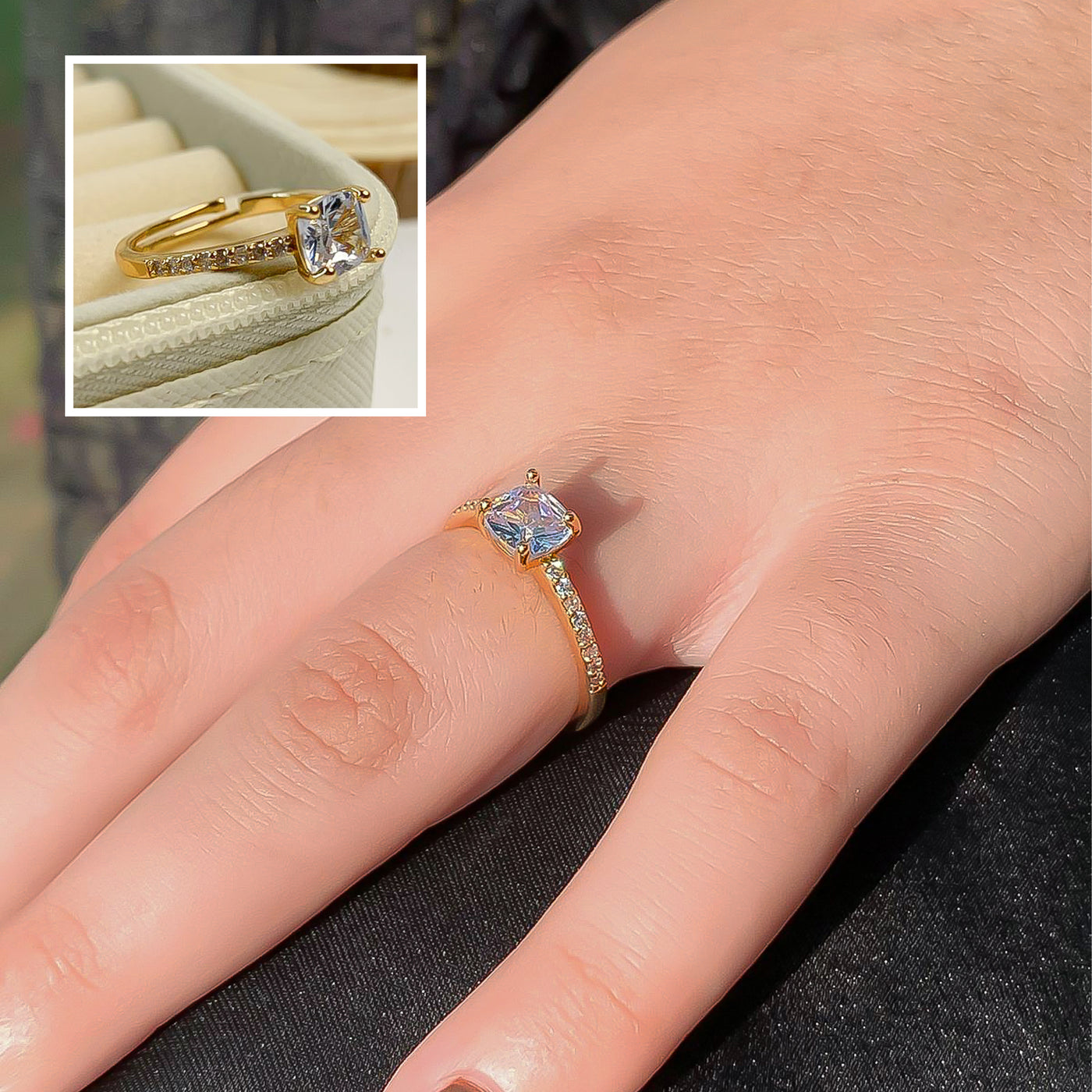 Golden Cushion Cut Solitaire and Pave Ring