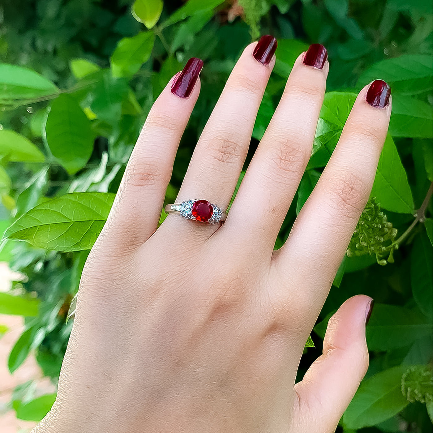 Silver-Toned Ruby Red Solitaire Ring