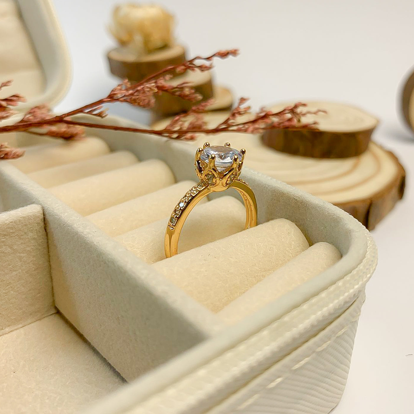 Golden Classic Solitaire and Pave Ring