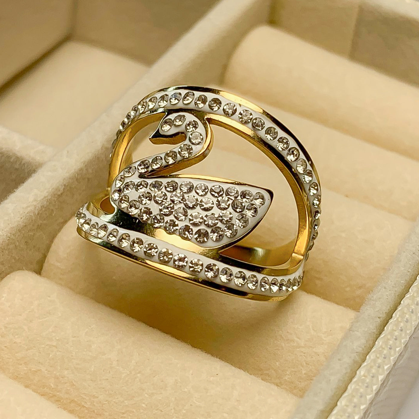 Golden and White Pave Swan Ring