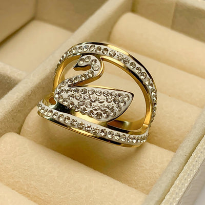Golden and White Pave Swan Ring