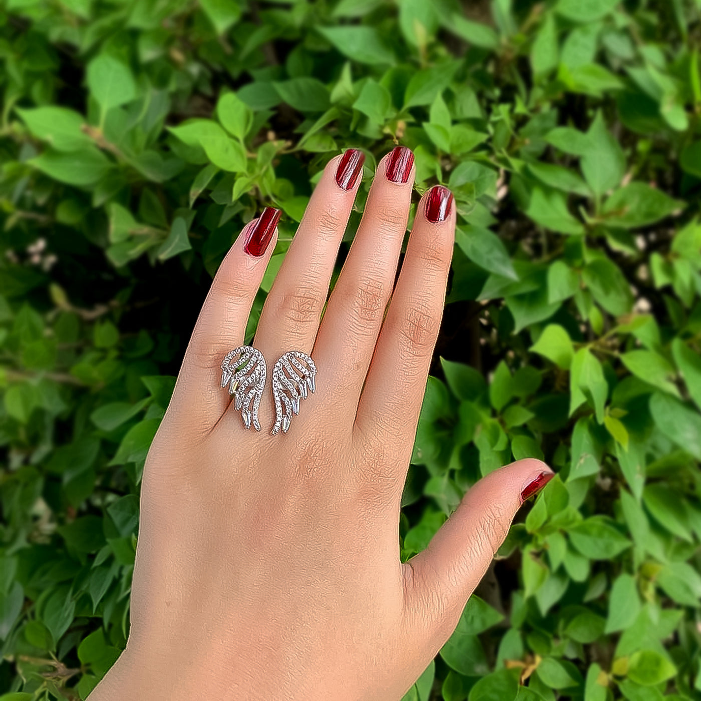 Silver-Toned Angel Wing Zircon Ring